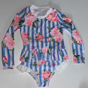 Betsey Johnson 2 piece long sleeve bathing suit striped floral